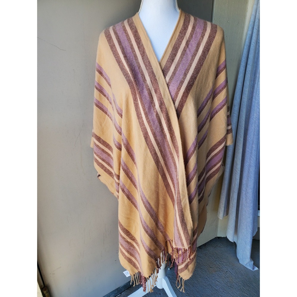 Madewell Poncho‎ Wrap Women One Size Tan Purple Striped Fringe K1373 Cape